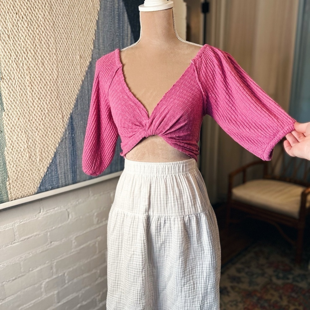 Urban Outfitters Pink Textured Front Twist Balloon Sleeve Blouse